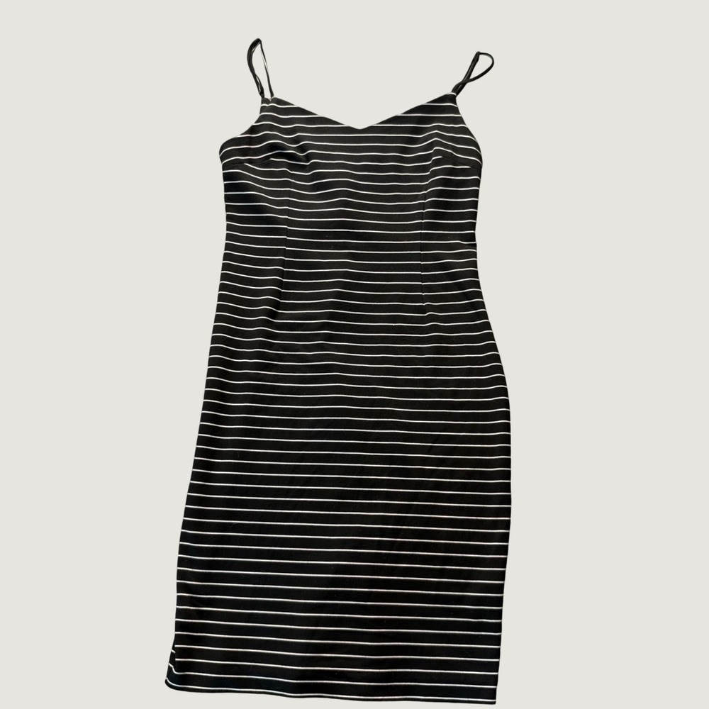 1.STATE Striped Midi Dress 4 Bodycon Adjustable Strap Knit Black White